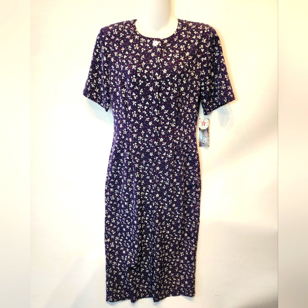 Vintage 90s Cottagecore‎ Midi Dress Floral Classic Made In USA Navy Blue Dress M